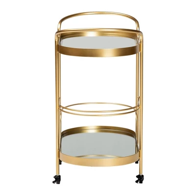 Kamal Glam Brushed Metal And Mirrored Glass 2 Tier Mobile Wine Bar Cart Gold - Baxton Studio 11 Kamal Glam Brushed Metal And Mirrored Glass 2 Tier Mobile Wine Bar Cart Gold - Baxton Studio - Image 11