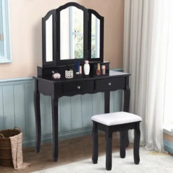 Costway Makeup Table Stool Set Tri Folding Mirror Vanity WhiteBlack -Living Space Shop GUEST 0b57cfcc ecf6 44e8 b351 c652ea3324da