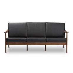 Venza Mid-Modern Walnut Wood Faux Leather 3 Seater Sofa Black - Baxton Studio