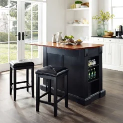 Coventry Drop Leaf Top Kitchen Island With Upholstered Square Stools Black - Crosley -Living Space Shop GUEST 12a83cc4 ba9b 4922 b5eb afa90d86e273