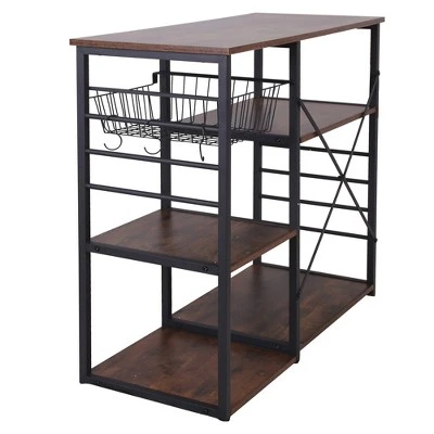 Wood And Metal Bakers Rack With 4 Shelves And Wire Basket Brown/Black - Benzara 3 Wood And Metal Bakers Rack With 4 Shelves And Wire Basket Brown/Black - Benzara - Image 3