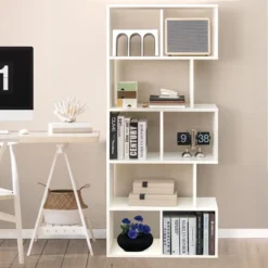 Costway 63'' Wooden 5-Tier Geometric Bookshelf S-shaped Display Shelf Stand Room Divider White 11 Costway 63'' Wooden 5-Tier Geometric Bookshelf S-shaped Display Shelf Stand Room Divider White -Living Space Shop GUEST 13a4b277 53ab 4b19 ab4f ae7518a80011