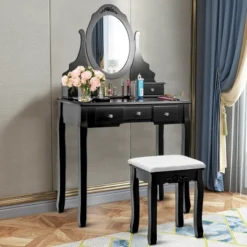 Costway Vanity Jewelry Wooden Makeup Dressing Table Set W/Stool Mirror & 5 Drawers Black -Living Space Shop GUEST 192fb5d7 be5a 4094 a627 5147d4589e74