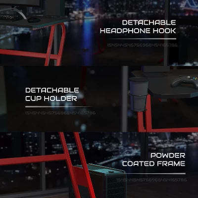 BlackArc Alpha Bundle With Gaming Desk And Chair: Black & Red High Back Chair With Arms; Red & Black Desk With Headphone Hook/Cupholder 1 BlackArc Alpha Bundle With Gaming Desk And Chair: Black & Red High Back Chair With Arms; Red & Black Desk With Headphone Hook/Cupholder