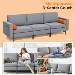 Costway Modern Modular 3-Seat Sofa Couch W/ Side Storage Pocket & Metal Leg Ash Grey -Living Space Shop GUEST 20ee394a 3660 42ae 8f0b e39558d7ae84