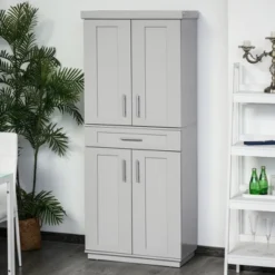 HOMCOM Modern Kitchen Pantry Freestanding Cabinet Cupboard With Doors And Drawer, Adjustable Shelving