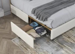 Classic Upholstered Platform Bed With Buckle Backrest, Metal Frame, Solid Wood Ribs And Four Storage Drawers -ModernLuxe -Living Space Shop GUEST 26e762d7 e8cd 4422 a8ed 15a95dfa782f