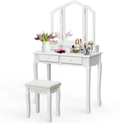 Costway Makeup Table Stool Set Tri Folding Mirror Vanity WhiteBlack -Living Space Shop GUEST 29a59955 fd73 489f a2b6 1185c249748b