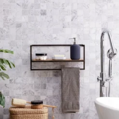 17" X 7.9" Floating Industrial Wood Wall Shelf With Metal Towel Bar Black - Danya B. -Living Space Shop GUEST 2aec064d 1061 49e1 a3b8 6faeba9b6980