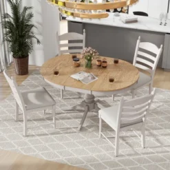 5-Piece Vintage Wood Extendable Dining Table Sets With 4 Upholstered Dining Chairs - ModernLuxe