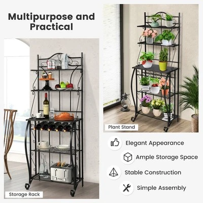 Costway 5-Tier Metal Kitchen Bakers Rack Microwave Storage Rack Oven Stand With Wine Organizer 7 Costway 5-Tier Metal Kitchen Bakers Rack Microwave Storage Rack Oven Stand With Wine Organizer - Image 7