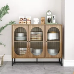 Aubrey 33.07'' H X 40.63'' W X 15.75'' D Storage Cabinet With 3 Glass Door Wine Cabinet With Adjustable Shelf Sideboards And Buffets-Maison Boucle
