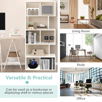 Costway 63'' Wooden 5-Tier Geometric Bookshelf S-shaped Display Shelf Stand Room Divider White 6 Costway 63'' Wooden 5-Tier Geometric Bookshelf S-shaped Display Shelf Stand Room Divider White - Image 6