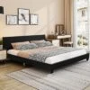 Costway Queen Upholstered Platform Bed Frame With Linen/PU Headboard Wood Slat Gray/Black