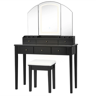 Costway Vanity Table Stool Set Large Tri-folding Lighted Mirror 6 Drawer Dresser WhiteBlack 10 Costway Vanity Table Stool Set Large Tri-folding Lighted Mirror 6 Drawer Dresser WhiteBlack - Image 10