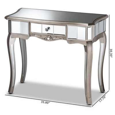 Elgin Brushed Wood And Mirrored Glass 1 Drawer Console Table Silver/Mirror - Baxton Studio 7 Elgin Brushed Wood And Mirrored Glass 1 Drawer Console Table Silver/Mirror - Baxton Studio - Image 7