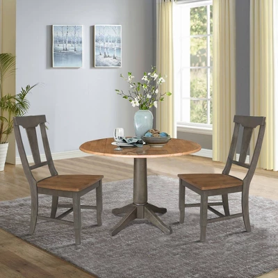 42" Round Dual Drop Leaf Dining Table With 2 Panel Back Chairs Hickory/Washed Coal - International Concepts 1 42" Round Dual Drop Leaf Dining Table With 2 Panel Back Chairs Hickory/Washed Coal - International Concepts
