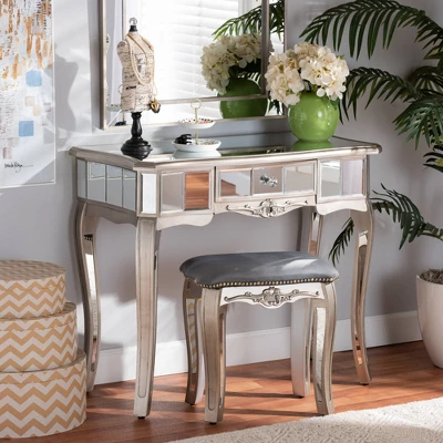 Elgin Brushed Wood And Mirrored Glass 1 Drawer Console Table Silver/Mirror - Baxton Studio 5 Elgin Brushed Wood And Mirrored Glass 1 Drawer Console Table Silver/Mirror - Baxton Studio - Image 5