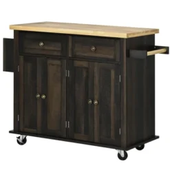 HOMCOM Kitchen Island On Wheels, Rolling Cart With Rubber Wood Top, Spice Rack, Towel Rack & Drawers For Dining Room, Brown Oak -Living Space Shop GUEST 4eb66fc4 479a 4f8c 95a9 5a1b5b335a7e