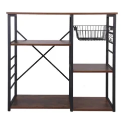 Wood And Metal Bakers Rack With 4 Shelves And Wire Basket Brown/Black - Benzara