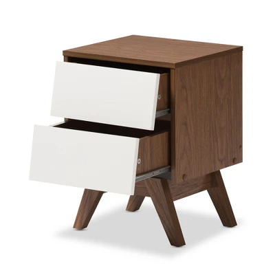 Hildon Mid - Century Modern Wood 2 - Drawer Storage Nightstand - White, "Walnut" Brown - Baxton Studio 1 Hildon Mid - Century Modern Wood 2 - Drawer Storage Nightstand - White, "Walnut" Brown - Baxton Studio