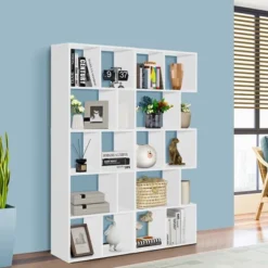 Costway 63'' Wooden 5-Tier Geometric Bookshelf S-shaped Display Shelf Stand Room Divider White 12 Costway 63'' Wooden 5-Tier Geometric Bookshelf S-shaped Display Shelf Stand Room Divider White -Living Space Shop GUEST 54f2f9ae b2dd 448f a4c2 bfa7576ae186