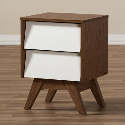 Hildon Mid - Century Modern Wood 2 - Drawer Storage Nightstand - White, "Walnut" Brown - Baxton Studio 5 Hildon Mid - Century Modern Wood 2 - Drawer Storage Nightstand - White, "Walnut" Brown - Baxton Studio - Image 5