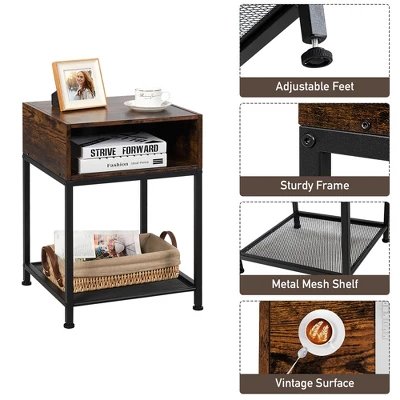 Costway Set Of 2 Industrial Nightstand End Side Table W/ Compartment & Mesh Shelf 7 Costway Set Of 2 Industrial Nightstand End Side Table W/ Compartment & Mesh Shelf - Image 7
