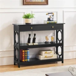 Yaheetech Drawer Console Table With Storage & Shelves For Living Room/Hallway/Entryway, Black