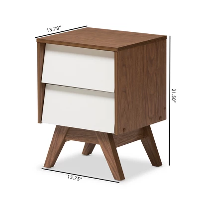 Hildon Mid - Century Modern Wood 2 - Drawer Storage Nightstand - White, "Walnut" Brown - Baxton Studio 4 Hildon Mid - Century Modern Wood 2 - Drawer Storage Nightstand - White, "Walnut" Brown - Baxton Studio - Image 4