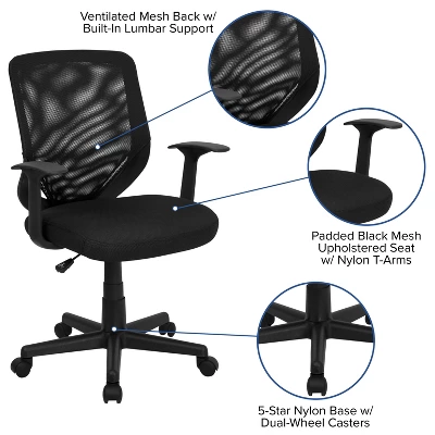 Emma And Oliver Mid-Back Black Mesh Tapered Back Swivel Task Office Chair With T-Arms 2 Emma And Oliver Mid-Back Black Mesh Tapered Back Swivel Task Office Chair With T-Arms - Image 2