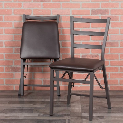 Emma And Oliver 2 Pack Ladder Back Metal Folding Chair With Brown Vinyl Seat 1 Emma And Oliver 2 Pack Ladder Back Metal Folding Chair With Brown Vinyl Seat