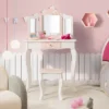 Costway Kid Vanity Set Wooden Makeup Table Stool Tri-Folding Mirror Zebra-Stripe Pink