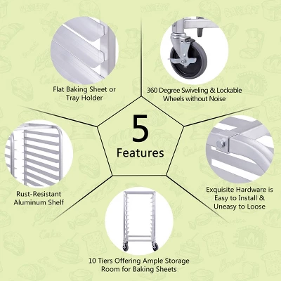 Costway 10 Sheet Aluminum Bakery Rack Silver Commercial Cookie Bun Pan Kitchen W/Wheel 6 Costway 10 Sheet Aluminum Bakery Rack Silver Commercial Cookie Bun Pan Kitchen W/Wheel - Image 6