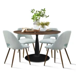 Harold+Edwin 5-Piece Walnut Foil Round Top Pedestal Dining Table Set With 4 Upholstered Chairs Walnut Legs -The Pop Maison