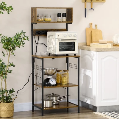 HOMCOM Kitchen Baker's Rack With Power Outlet, USB Charger, Microwave Stand, Coffee Bar With Adjustable Shelves, 5 Hooks, Rustic Brown 2 HOMCOM Kitchen Baker's Rack With Power Outlet, USB Charger, Microwave Stand, Coffee Bar With Adjustable Shelves, 5 Hooks, Rustic Brown - Image 2