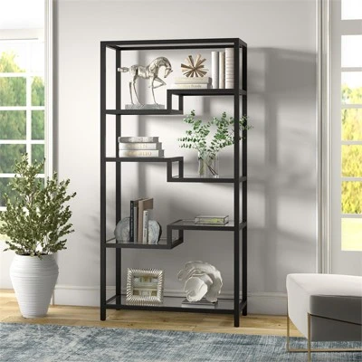 68" 5-Tier Black Metal Book Case With Glass Top Shelves - Henn&Hart 3 68" 5-Tier Black Metal Book Case With Glass Top Shelves - Henn&Hart - Image 3