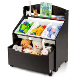Costway Kids Wooden Toy Storage Unit Organizer W/Rolling Toy Box & Plastic Bins NaturalEspresso -Living Space Shop GUEST 80f5cdc8 b56c 40a6 9518 1678a6f77403