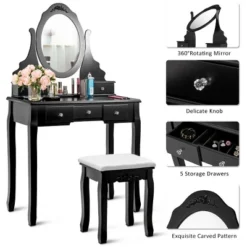 Costway Vanity Jewelry Wooden Makeup Dressing Table Set W/Stool Mirror & 5 Drawers Black -Living Space Shop GUEST 861f2994 2d03 49e1 8873 9b49630ba6b1