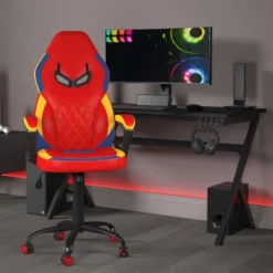 Emma And Oliver Faux Leather Ergonomic Designer Back Gamer Chair With Diamond Stitch, Lumbar Support & Padded Arms In Red, Blue & Yellow