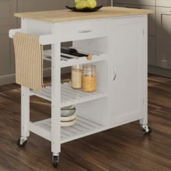 Kitchen Island With Towel Rack And Shelves For Storage – Rolling Cart To Use As Coffee Bar, Microwave Stand, Or Kitchen Storage By Lavish Home (White)
