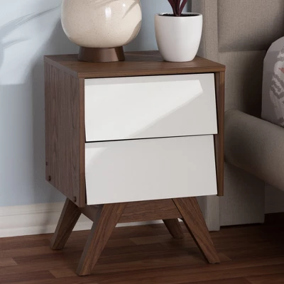 Hildon Mid - Century Modern Wood 2 - Drawer Storage Nightstand - White, "Walnut" Brown - Baxton Studio 6 Hildon Mid - Century Modern Wood 2 - Drawer Storage Nightstand - White, "Walnut" Brown - Baxton Studio - Image 6