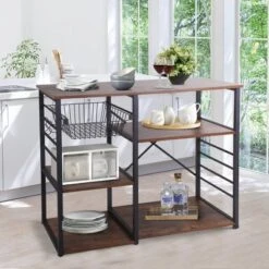 Wood And Metal Bakers Rack With 4 Shelves And Wire Basket Brown/Black - Benzara 14 Wood And Metal Bakers Rack With 4 Shelves And Wire Basket Brown/Black - Benzara -Living Space Shop GUEST 95eb2ce4 d59f 45a6 85a9 d9cb36f56ba4