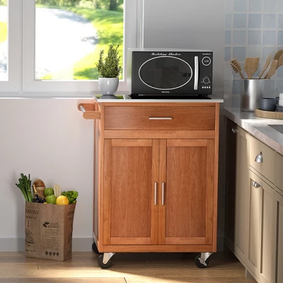 Costway Wood Kitchen Trolley Cart Stainless Steel Top Rolling Storage Cabinet Island 1 Costway Wood Kitchen Trolley Cart Stainless Steel Top Rolling Storage Cabinet Island