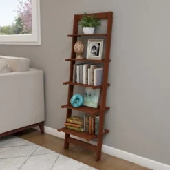 Hastings Home 5-Tier Wooden Ladder-Style Bookcase, Walnut Finish