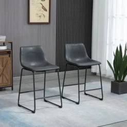 HOMCOM Counter Height Bar Stools Set Of 2, Vintage PU Leather Barstools With Footrest For Dining Room, Home Bar, Kitchen, Black