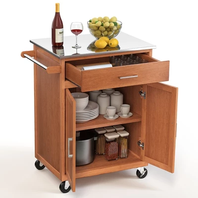 Costway Wood Kitchen Trolley Cart Stainless Steel Top Rolling Storage Cabinet Island 8 Costway Wood Kitchen Trolley Cart Stainless Steel Top Rolling Storage Cabinet Island - Image 8