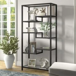 68" 5-Tier Black Metal Book Case With Glass Top Shelves - Henn&Hart