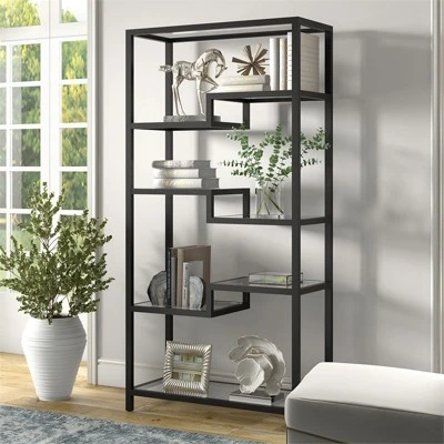 68" 5-Tier Black Metal Book Case With Glass Top Shelves - Henn&Hart 1 68" 5-Tier Black Metal Book Case With Glass Top Shelves - Henn&Hart
