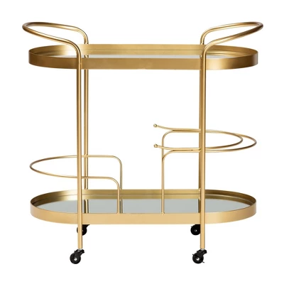 Kamal Glam Brushed Metal And Mirrored Glass 2 Tier Mobile Wine Bar Cart Gold - Baxton Studio 12 Kamal Glam Brushed Metal And Mirrored Glass 2 Tier Mobile Wine Bar Cart Gold - Baxton Studio - Image 12